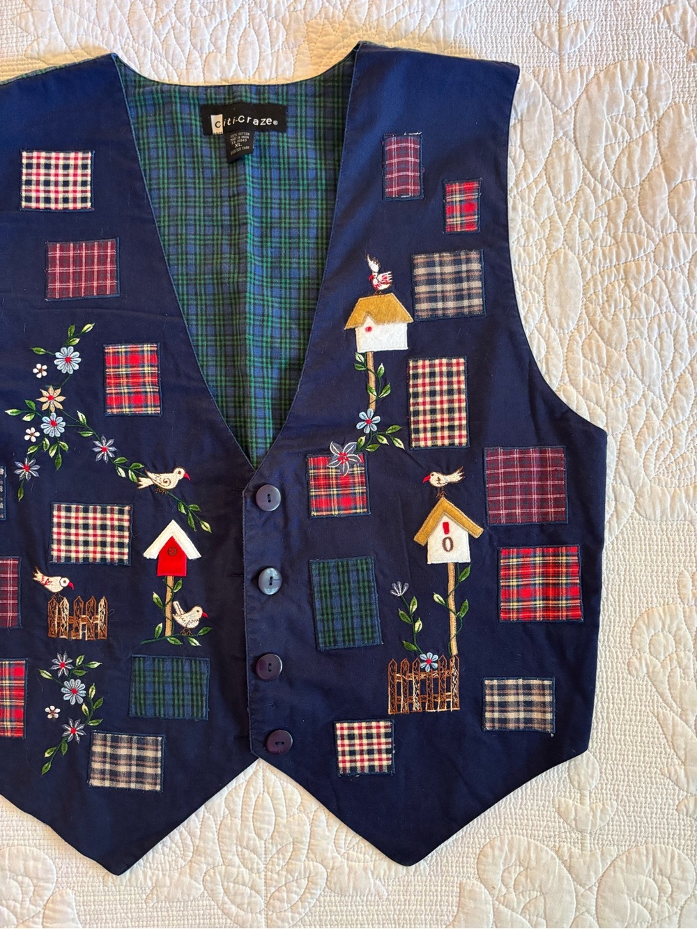Navy Embroidered Patchwork Vest